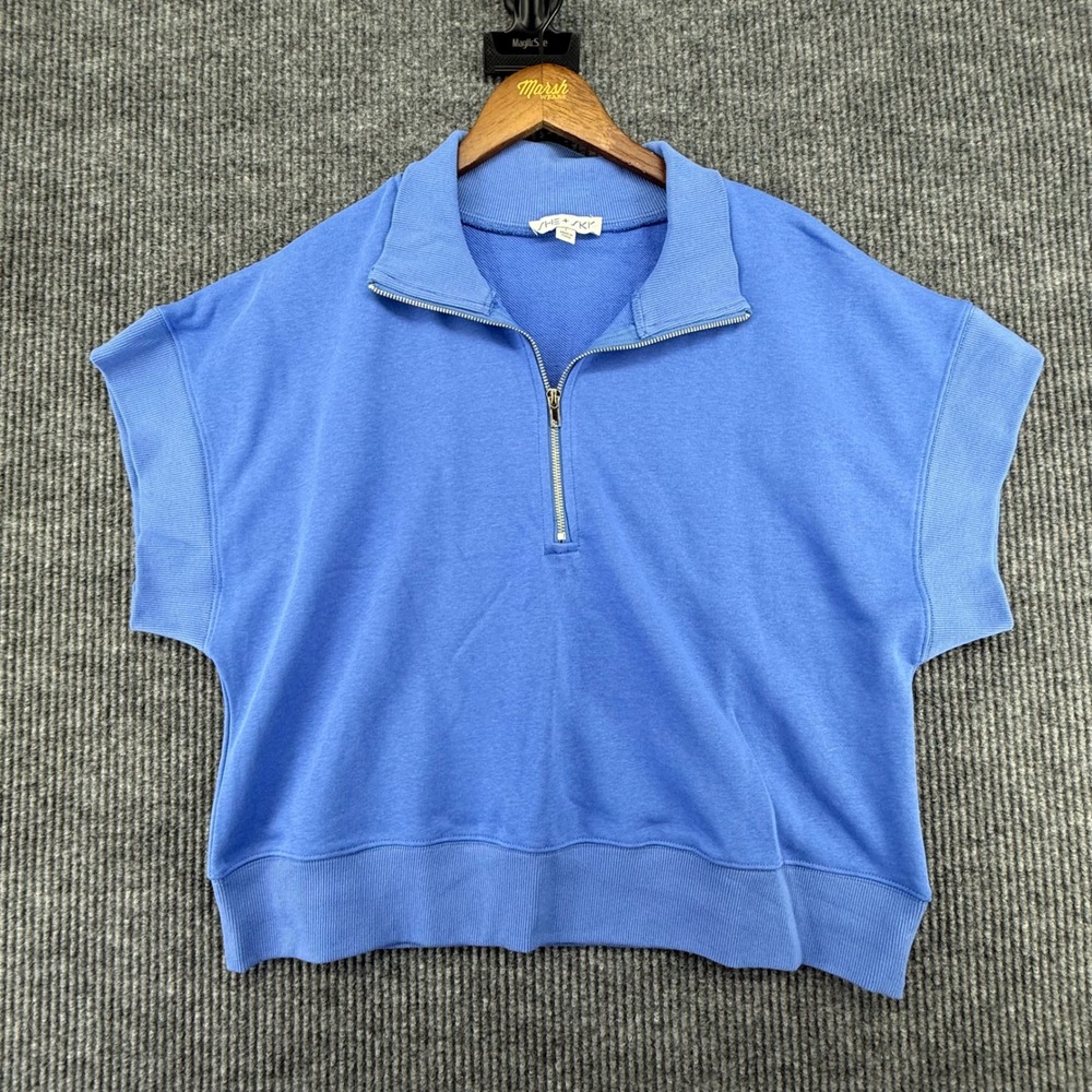 She + Sky Quarter Zip Sweatshirt Womens Large Blue Excellent Short Sleeve Crop